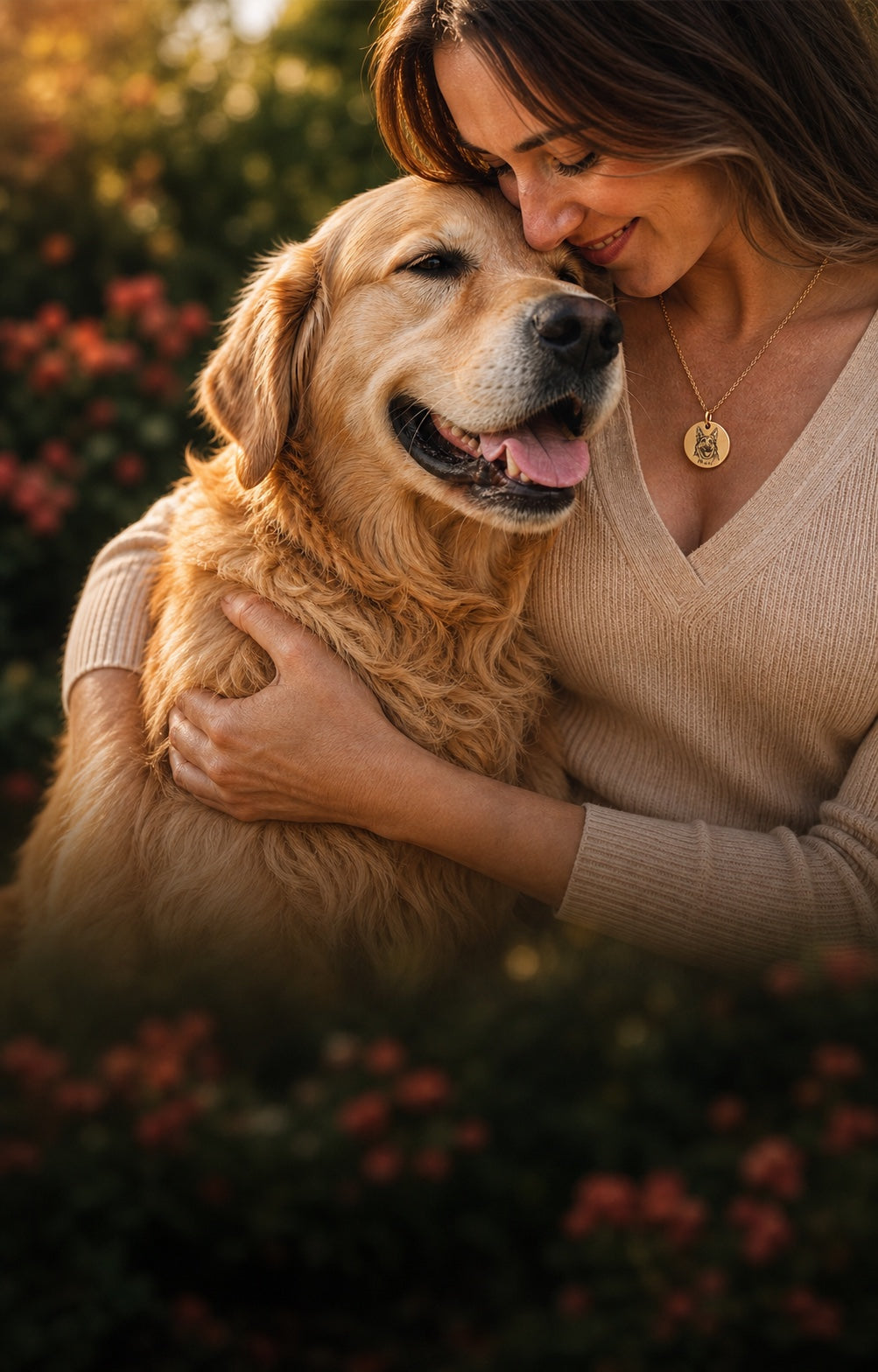 Pet parent wearing a custom pet portrait necklace while cuddling a Golden Retriever