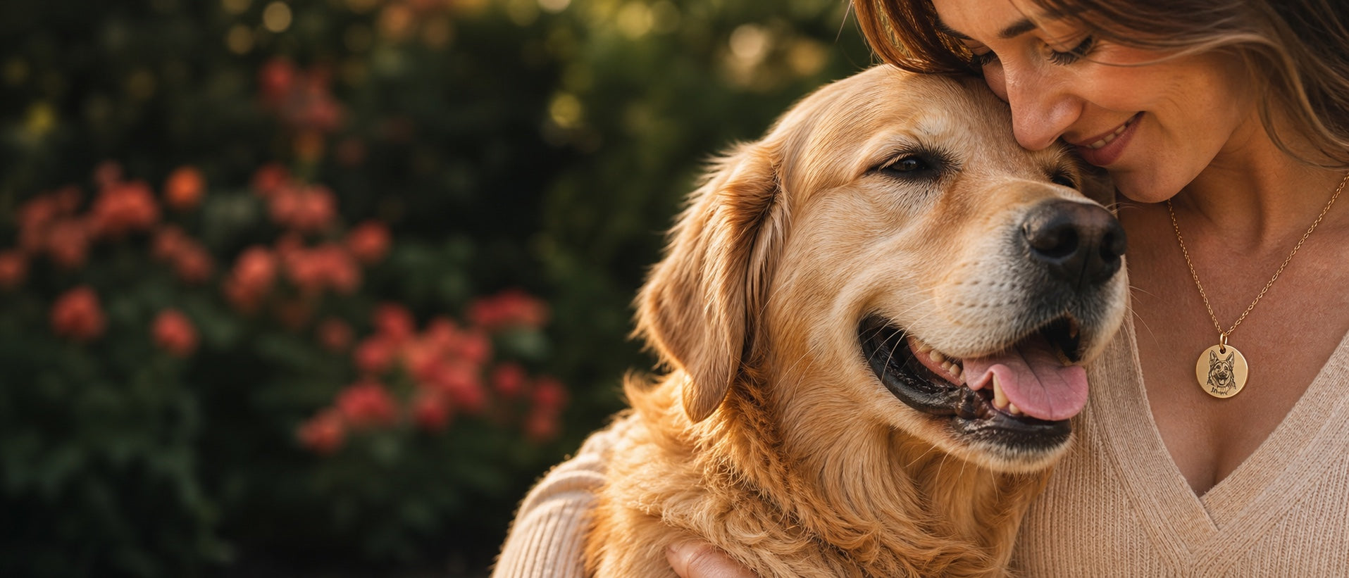 Pet parent wearing a custom pet portrait necklace while cuddling a Golden Retriever