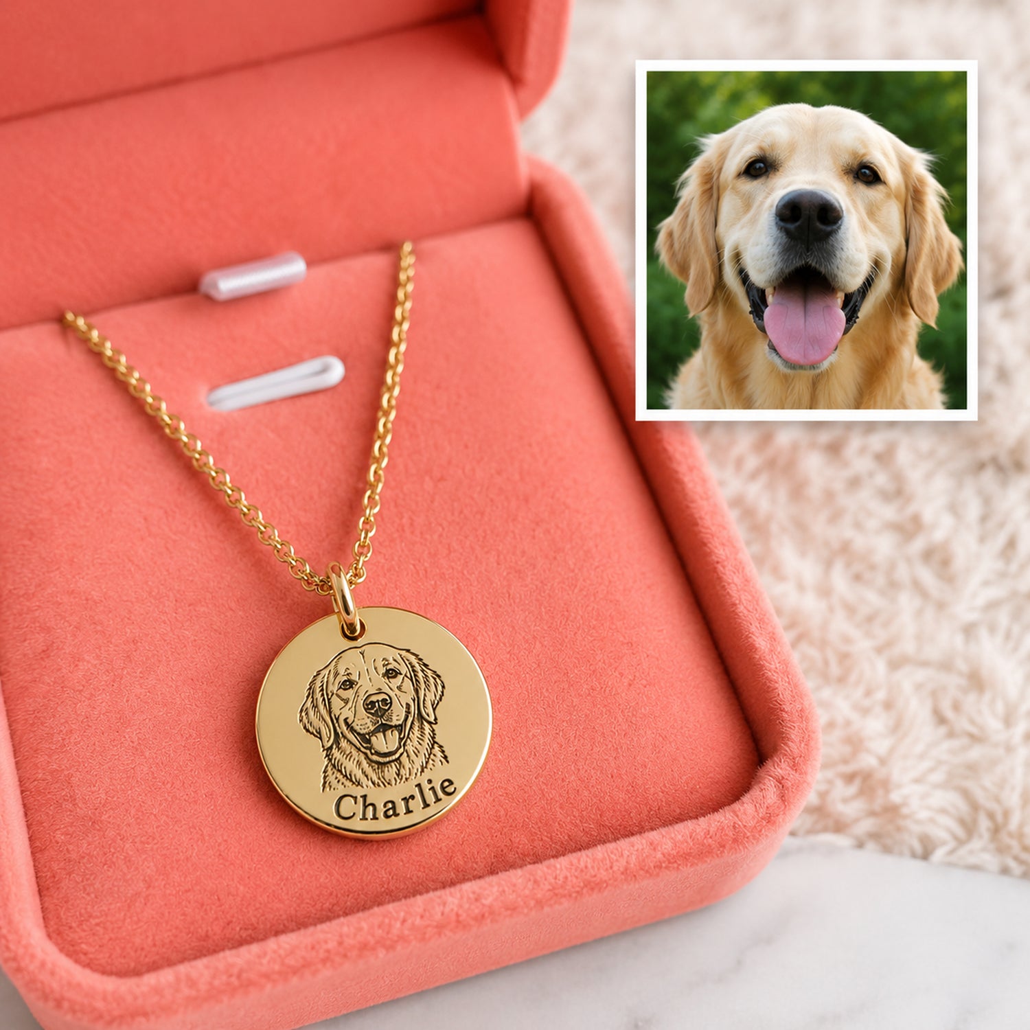 Custom gold pet portrait necklace featuring Charlie the Golden Retriever