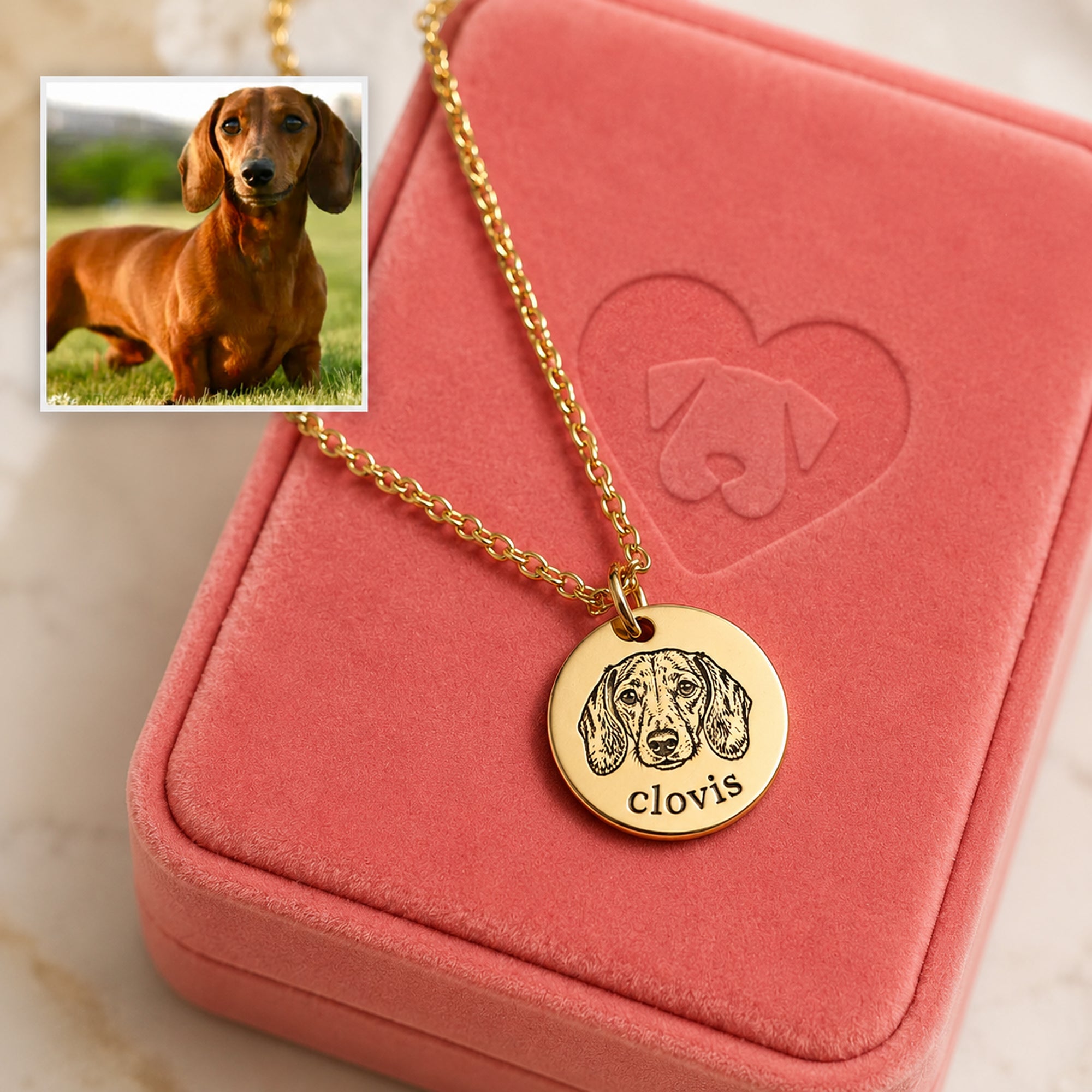 Personalisierte Gold-Hundehalskette mit Dackel Clovis