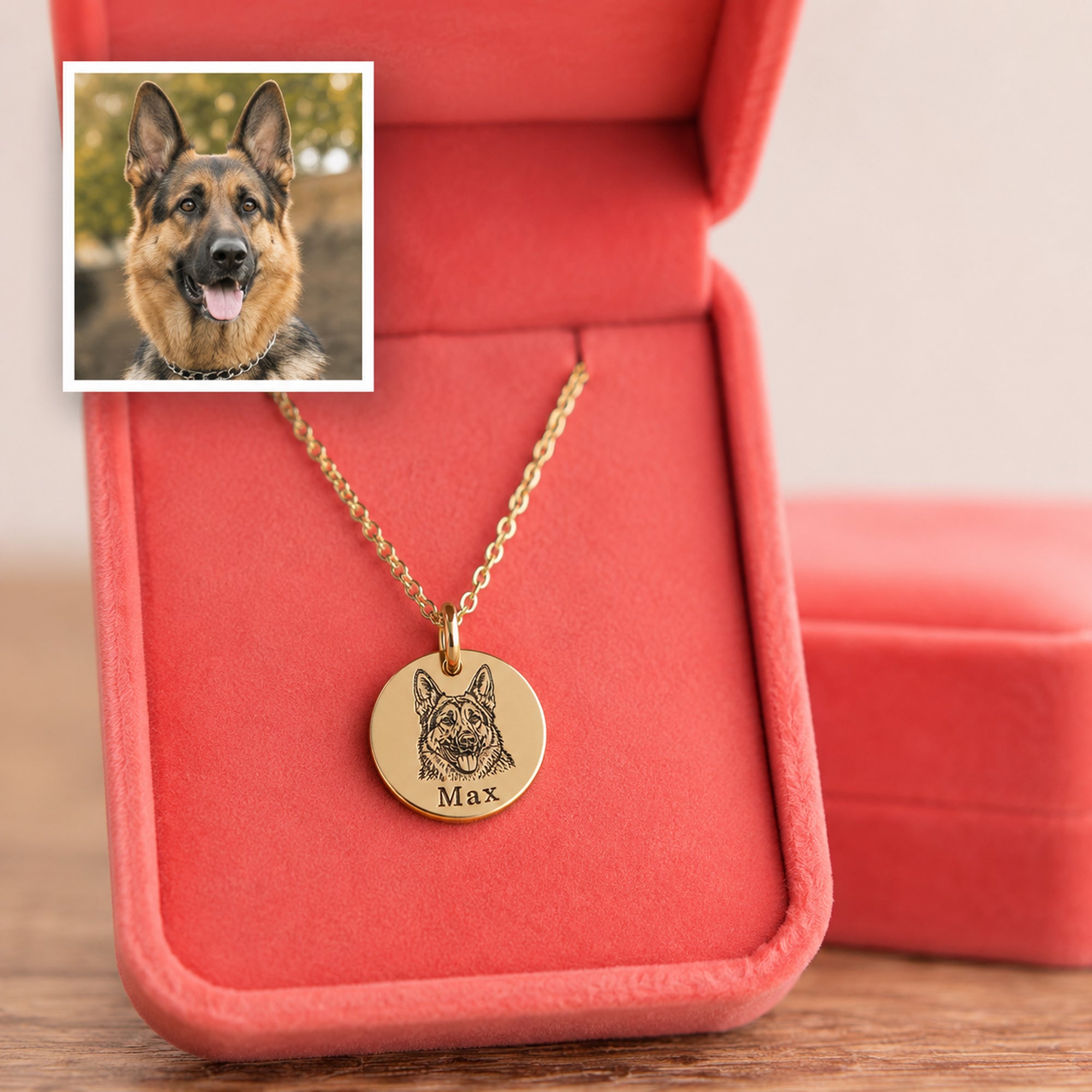 Individuelle goldene Haustier-Porträtkette mit Schäferhund Max